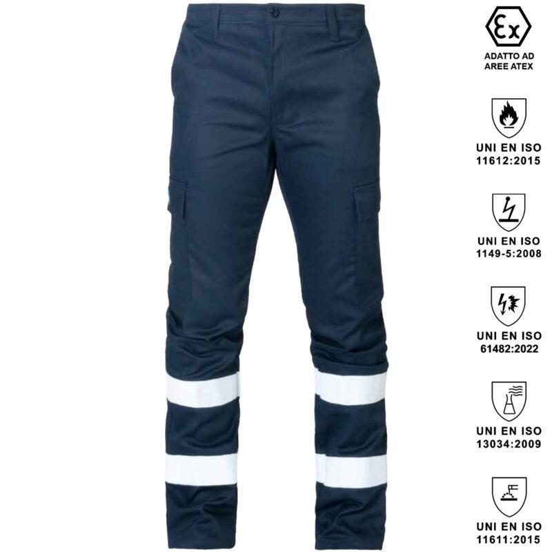 Pantaloni pentavalenti con bande rifrangenti 75% cotone 24% poliestere 1% fibra dissipativa 270 gr. GIGLIO
